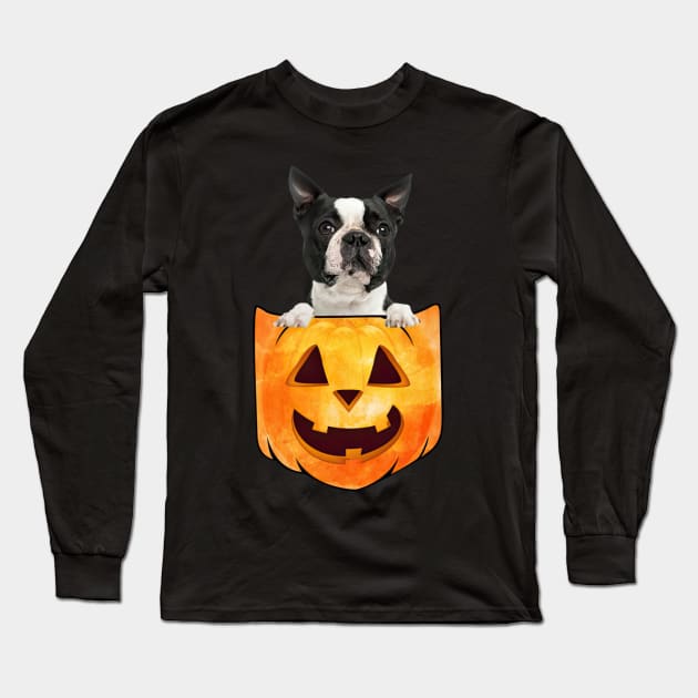 Black Boston Terrier Dog In Pumpkin Pocket Halloween Long Sleeve T-Shirt by nakaahikithuy